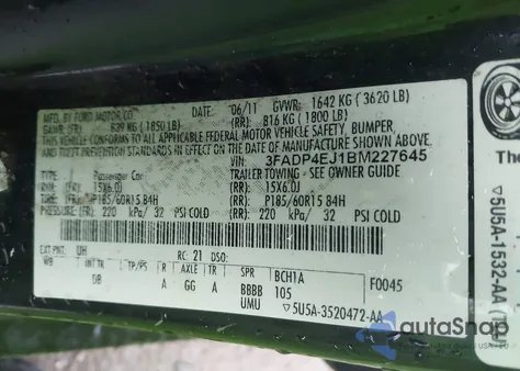 2011 Ford Fiesta Se from USA, damaged, VIN 3FADP4EJ1BM227645